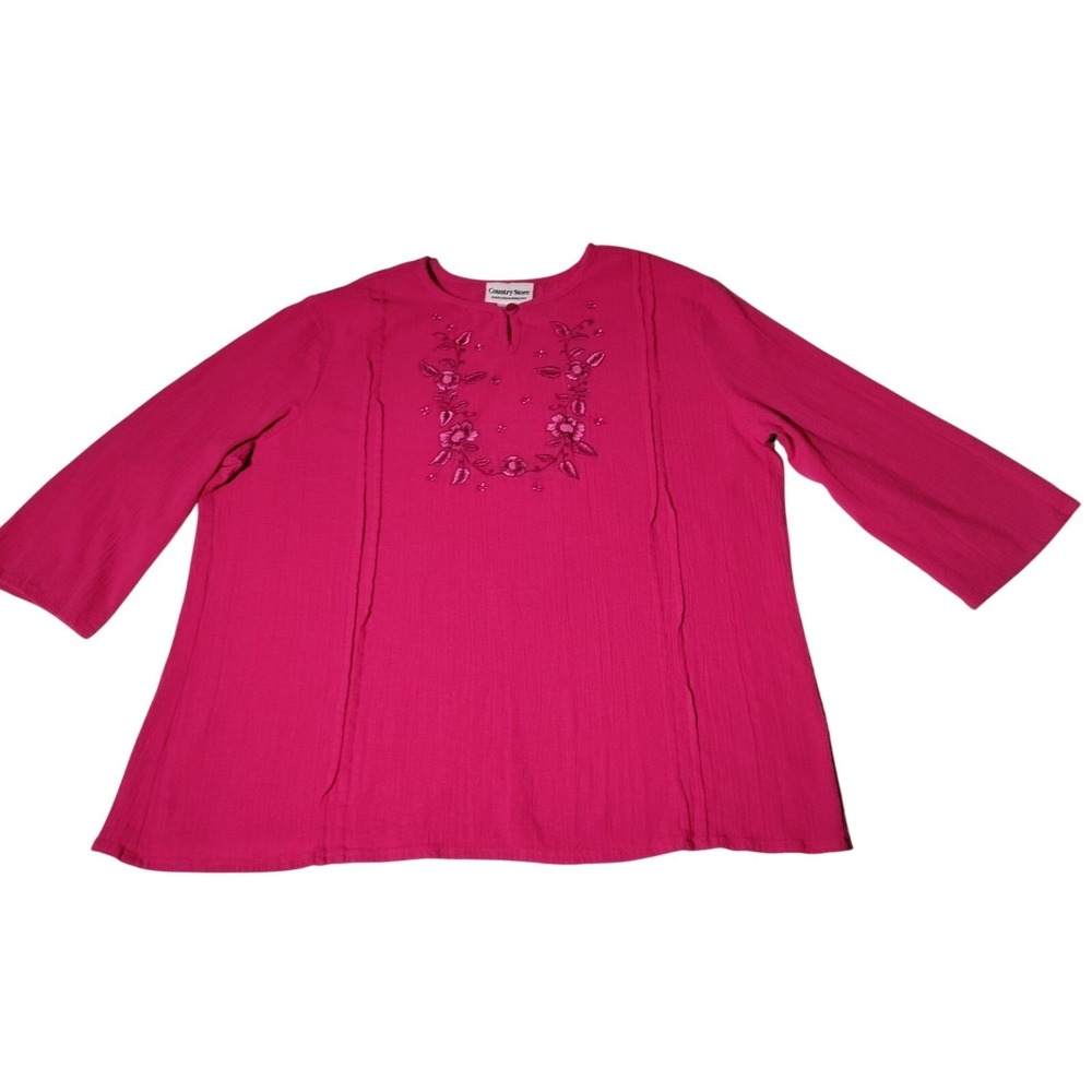 Country Store Dark Pink 3/4 Sleeve Top w embroidered flowers size XL